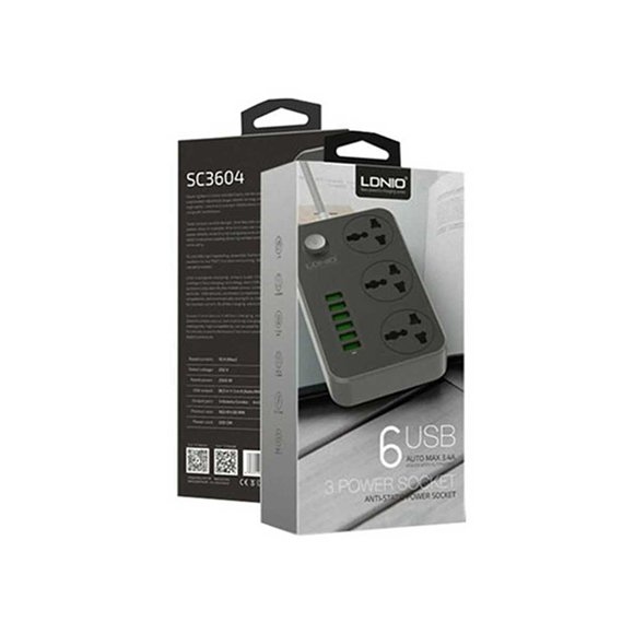 LDNIO 6 USB Ports with 3 Anti Static Power Socket