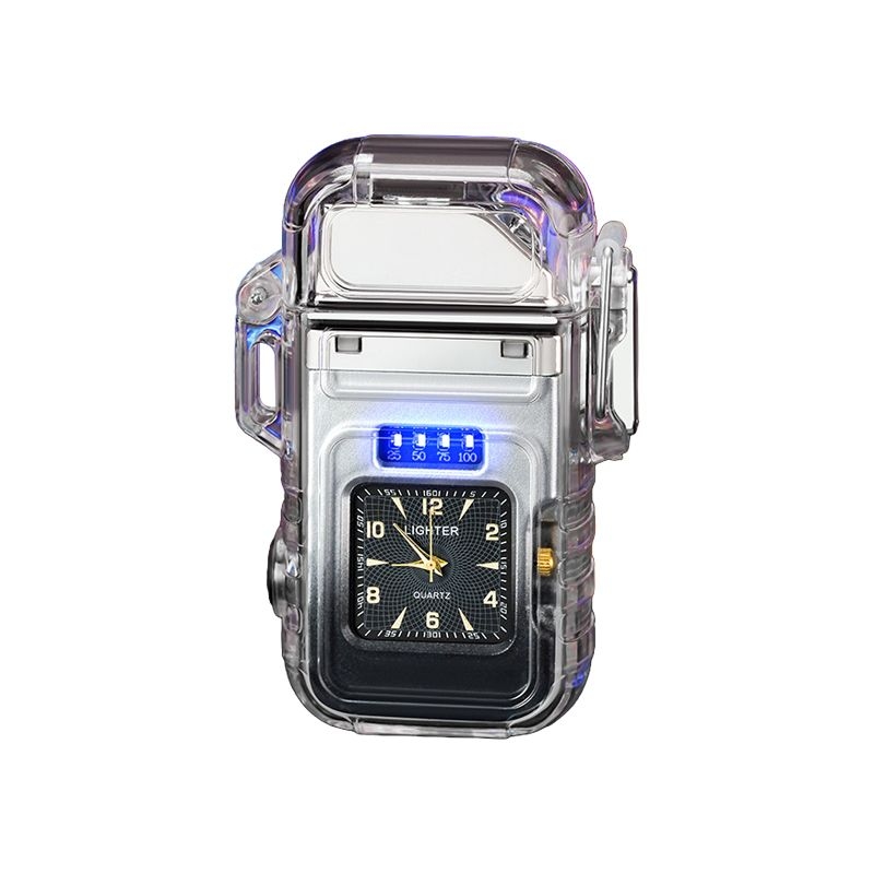 Transparent Colorful LED Arc Lighter with Flash Light & Clock