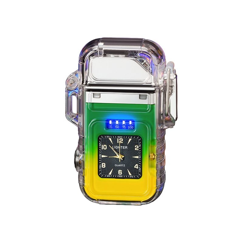 Transparent Colorful LED Arc Lighter with Flash Light & Clock